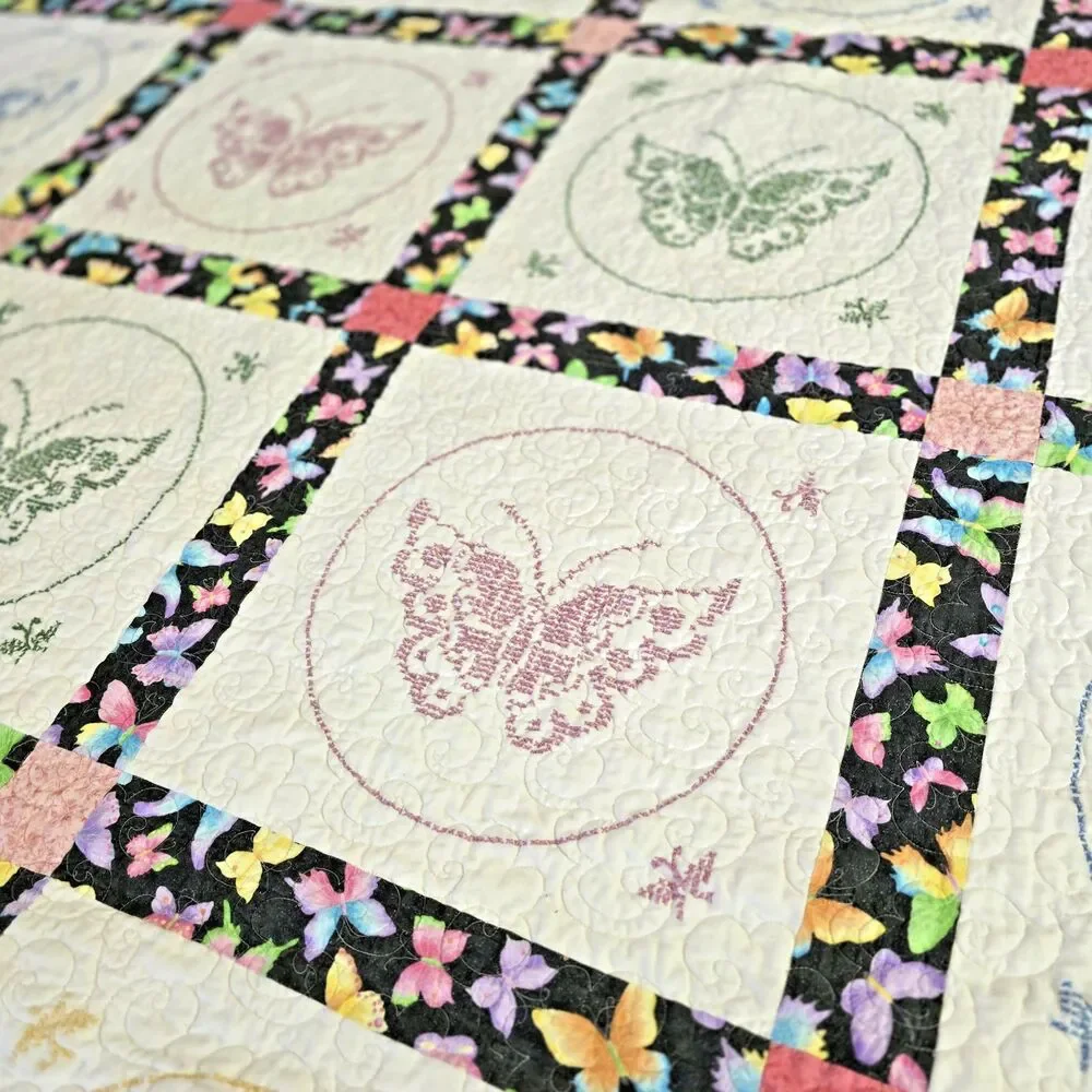 Handmade Quilt Set 80x80 Cross Stitch Butterflies w/ Matching Pillows Girls Room